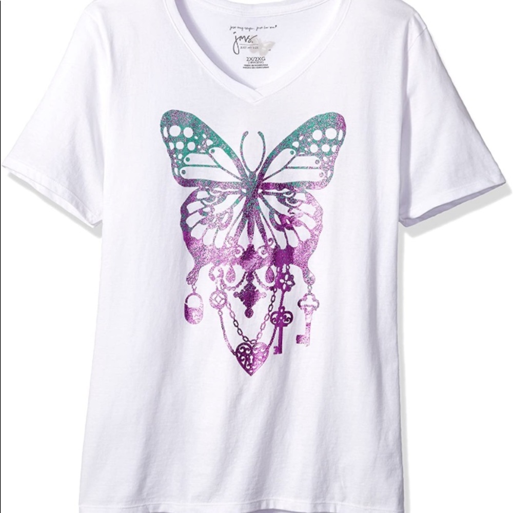 JUST MY SIZE Womens V-Neck Short Sleeve Glitter Butterfly/Keys/Heart-NEW
